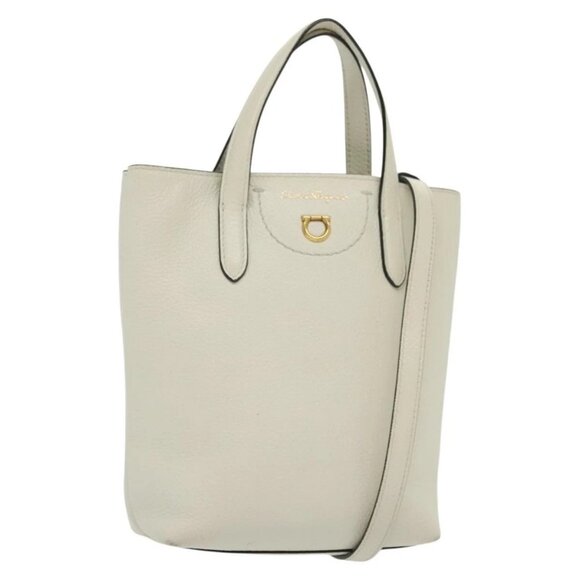 Salvatore Ferragamo Gancini Hand Bag Leather 2way White Gold - Picture 1 of 16